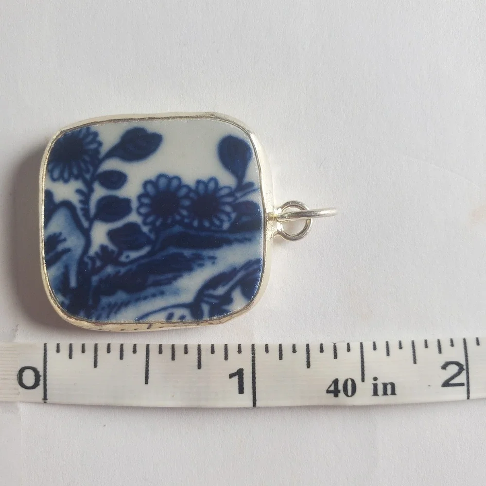 Blue Willow Sunflowers Vintage Broken China Pottery Shard Pendant Square Jewelry